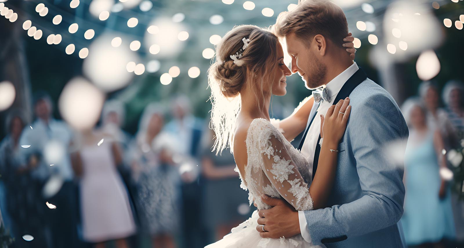 Country bride and groom sitting at reception